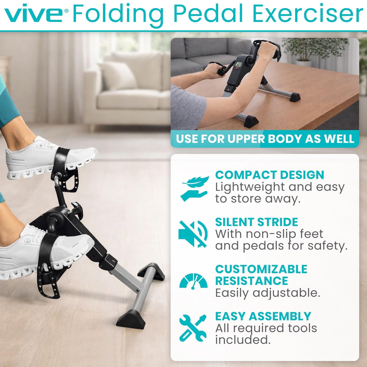 Vive Folding Pedal Exerciser - Under Desk Exercise Bike for Seniors, Elderly - Sit Down Stationary Peddler Equipment for Arm, Leg, Hand, Foot - Mini Floor Bicycle with LCD Display, Adjustable Tension