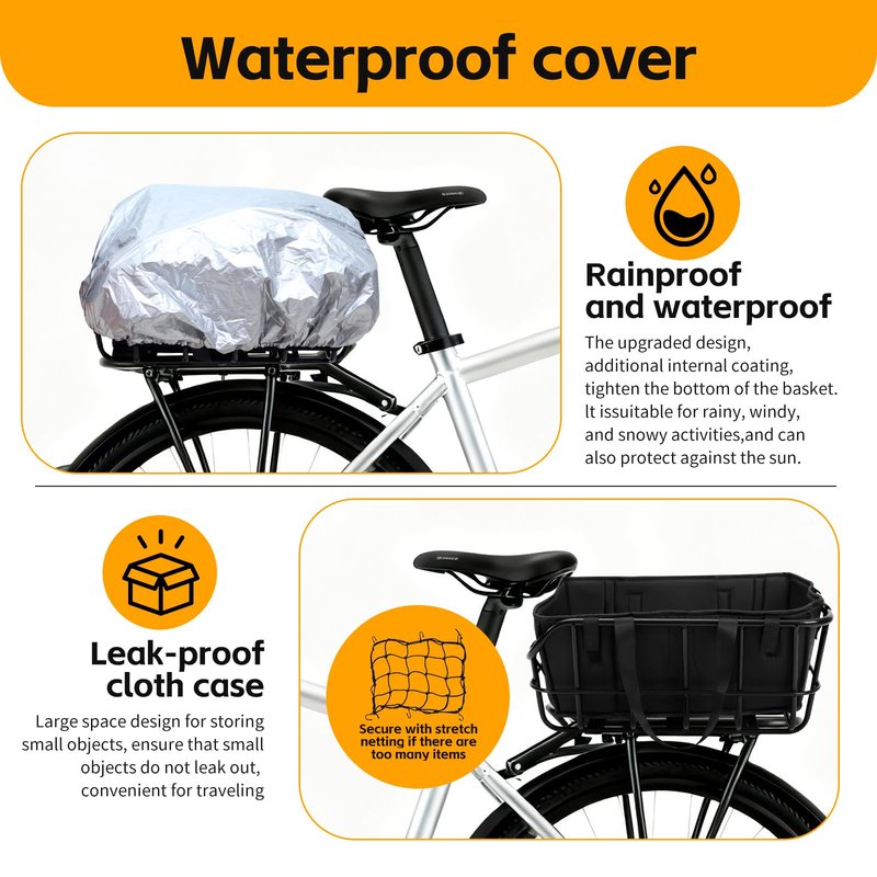 Bike Basket Rear Rack Bike Basket with Cargo Net and Liner Large Bicycle Basket Heavy Duty Bicycle Rear Basket with Liner Waterproof Cover Cargo Net