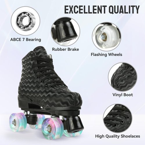 jessie Womens Roller Skates Water Ripple High-top Roller Skates Four-Wheel Roller Skates Shiny Roller Skates for Adult Youth Boys Girls Outdoor with Shoes Bag (Black ripple flash,US:8)