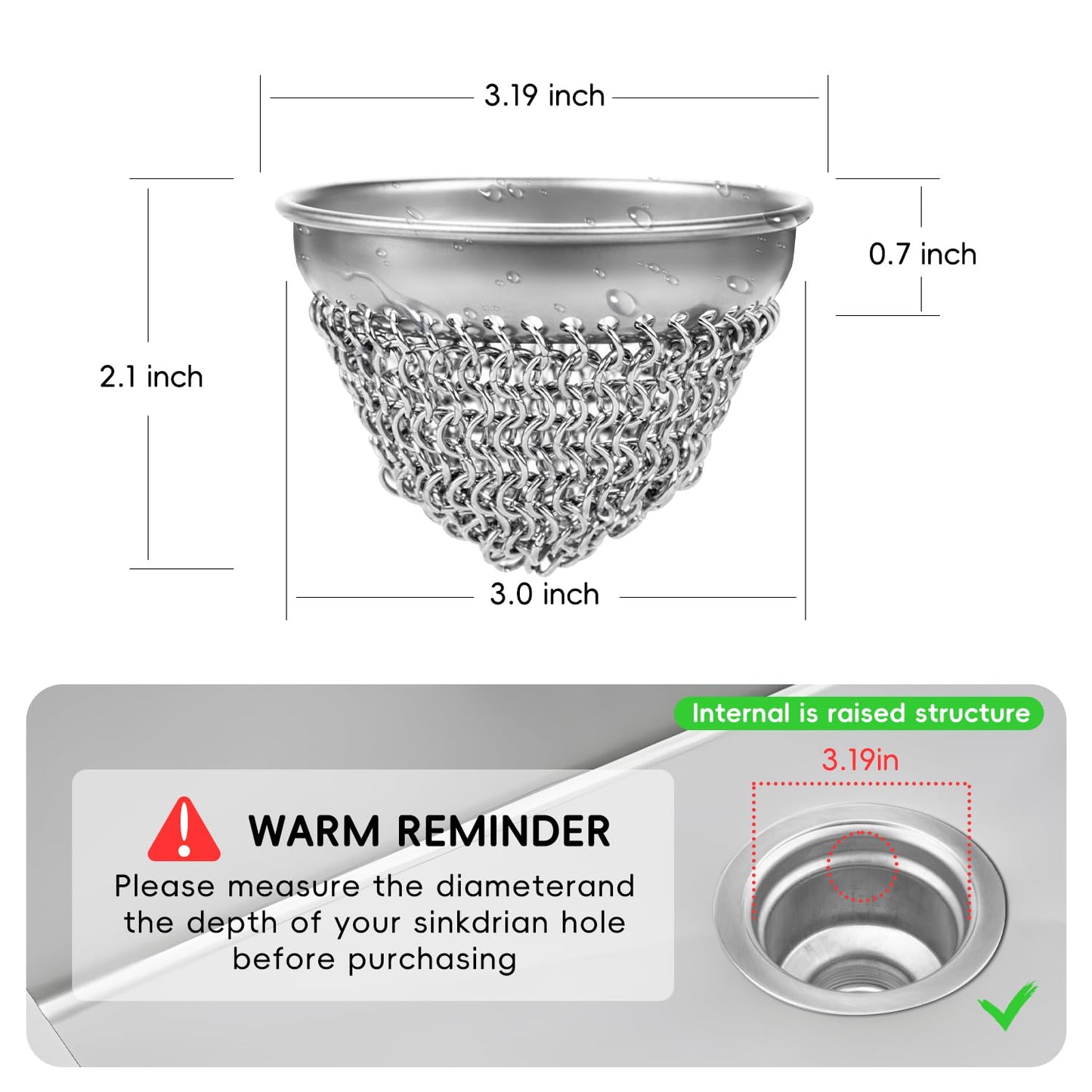 Kitchen Sink Drain Strainer, Wokdada Flexible Insert Mesh Sink Strainer, 304 Stainless Steel Sink Strainer, Clog-Free Garbage Disposal Sink Catcher Strainer, 3.19 Inch Sturdy Metal Sink Screen