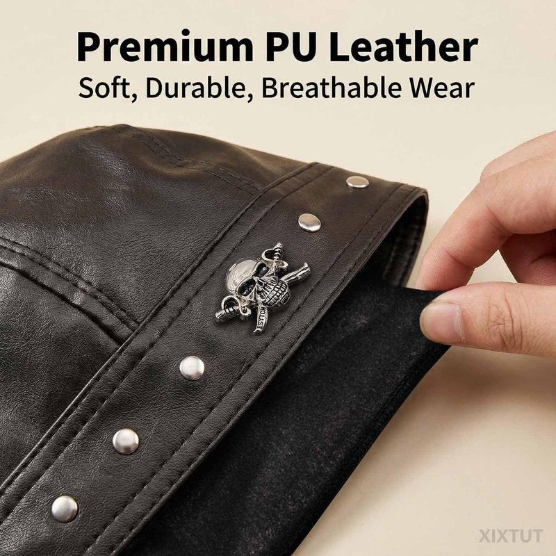 XIXTUT Leather Skull Cap Bandana Doo Do Rag for Women/Girl Biker Party Leather Studs Headwrap for Motorcycling Men Black