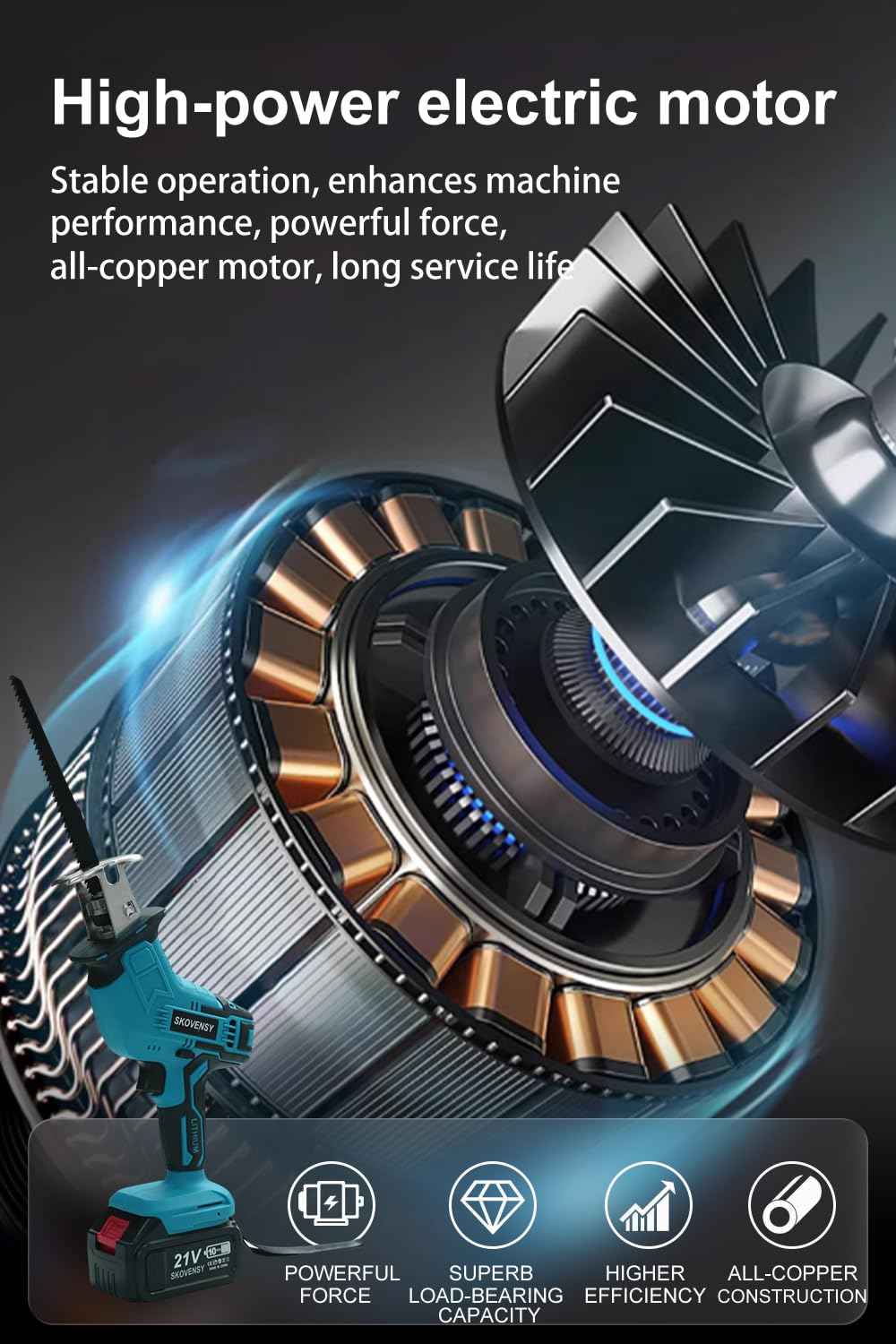 Cordless Reciprocating Saw, Battery x2, Reciprocating Saw Cordless, Variable Speed, Blades Kit for Metal/Wood/PVC Cutting, Blue