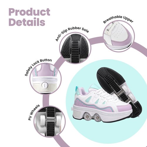 2-in-1 Unisex Roller Skate Shoes with Retractable 4 Wheels - Invisible Deformation & Removable Pulley, Ideal Retractable Roller Shoes for Women for Girls, Boys & Children Purple