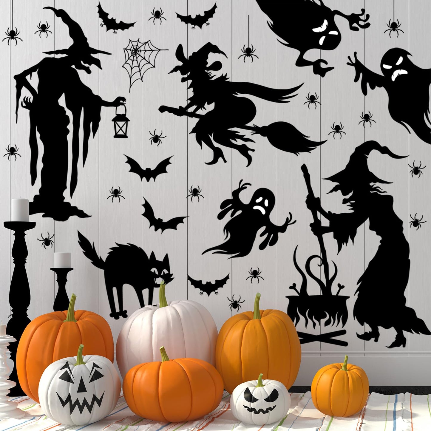 Cholemy Halloween Wall Decals - 4 Sheets, 35.4 x 11.8 Inch Large Witch Spider Bat Pumpkin Stickers, Removable Clings for Home Party Decor Supplies