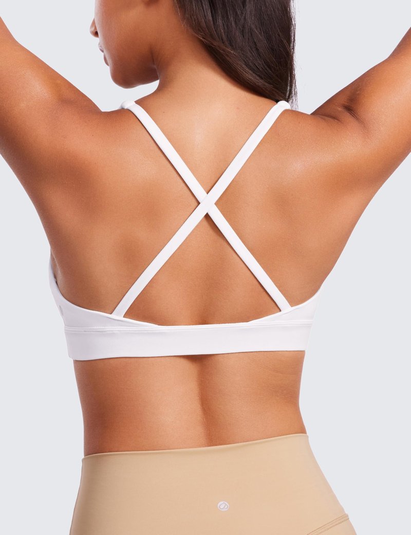 CRZ YOGA Butterluxe Deep V-Neck Sports Bras for Women - Spaghetti Strap Criss Cross Padded Top Low Coverage Wireless Yoga White Medium