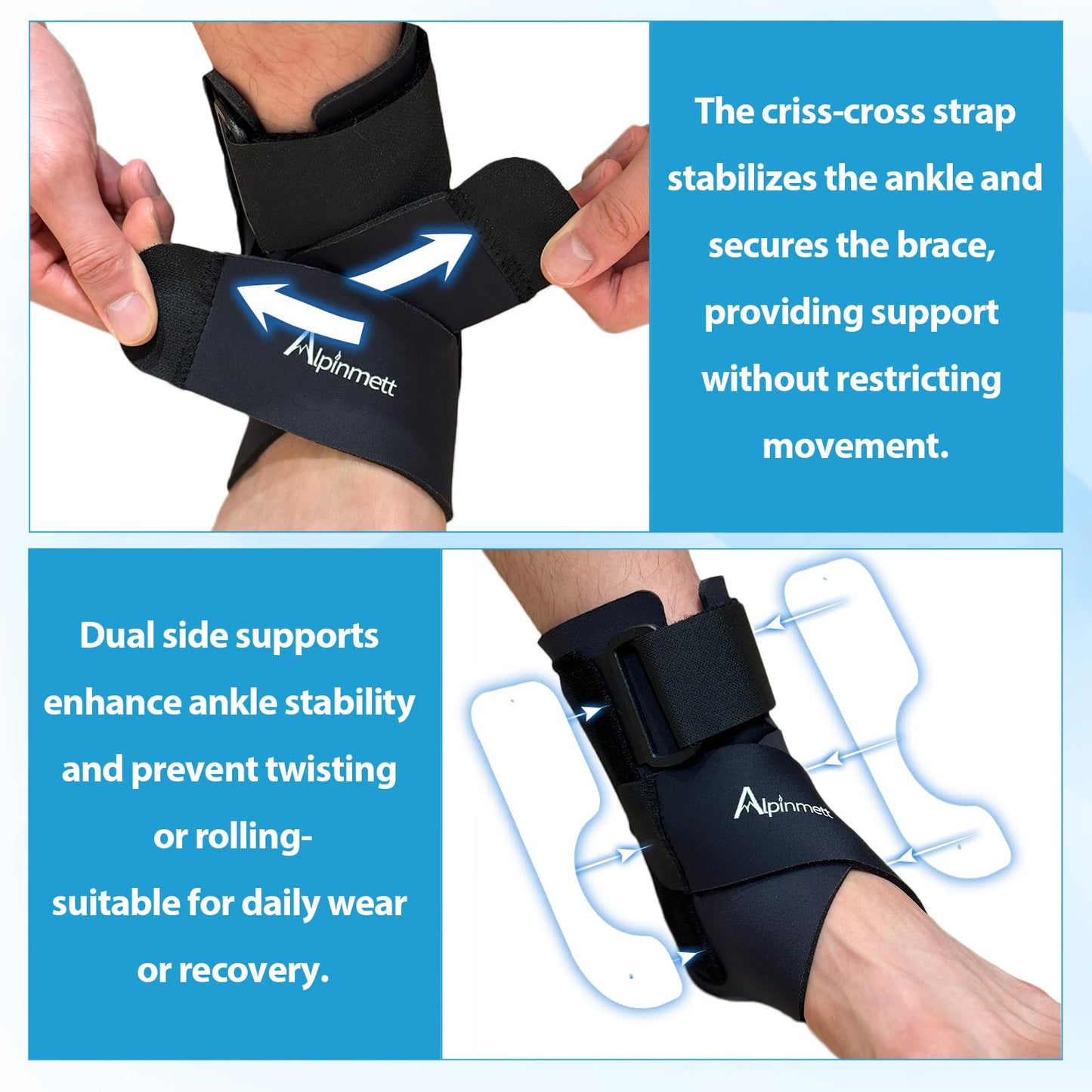 Alpinmett Ankle Brace for Men & Women, Compression Ankle Support Brace with Dual-Sided Plastic Stabilizers, Adjustable X-Strap & Open Heel for Sprain Recovery, Foot Discomfort, Sports & Daily Use 1 Pack
