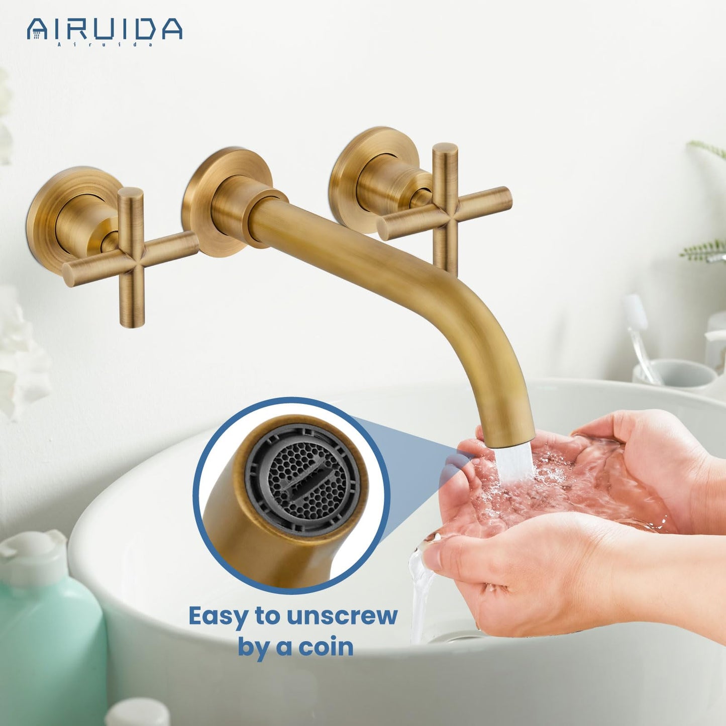 Airuida Solid Brass Widespread Wall Mount Bathroom Faucet with 360 Swivel Spout Wall Mounted Lavatory Faucet Vanity Sink Mixer Tap with Rough in Valve and Double Cross Handles Antique Brass