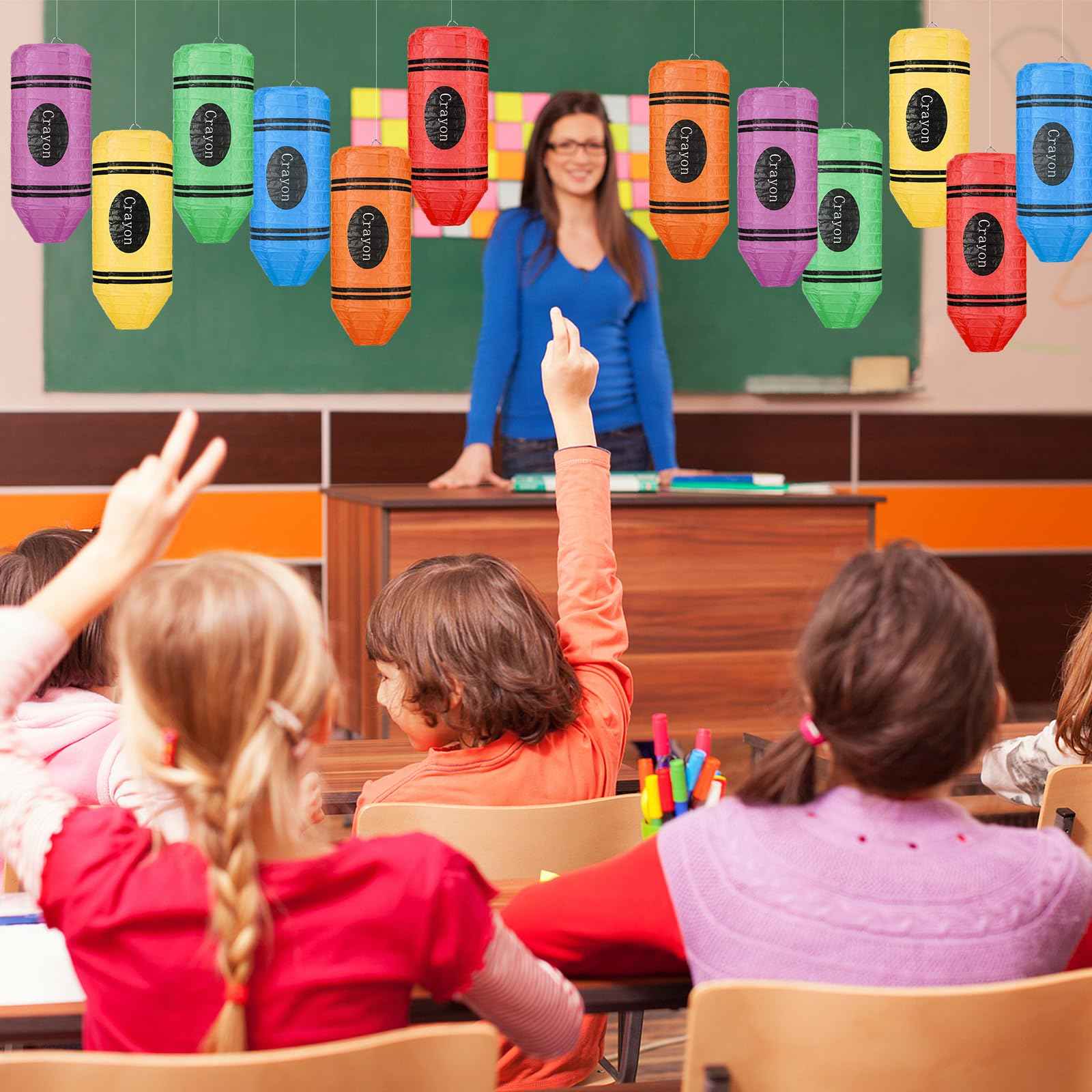 Retisee 12 Pcs Crayon Hanging Paper Lanterns for Teacher Party Decorations, Teachers' Day Classroom School Art Ceiling Decor, School Birthday Supplies (10 Inch)