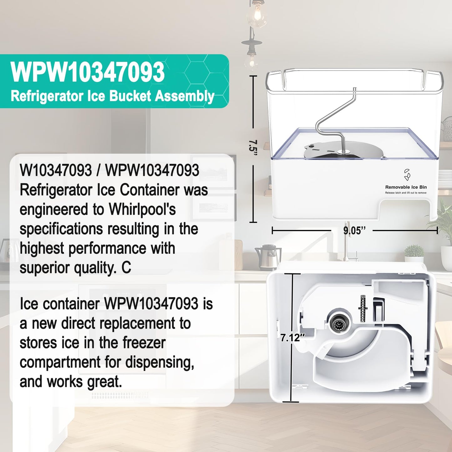 Upgraded W10347093 Removable Ice Bin Replacement for Whirlpool Refrigerator Ice Maker Parts WPW10347093 Ice Bucket fit WRF736SDAM13, WRF736SDAM14, Replace W10347100, AP6020018 Ice Container Assembly