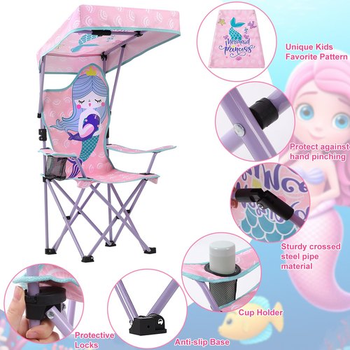 KABOER Kids Mermaid Pattern Outdoor Folding Camping Chair with Cup Holder and Carrying Bag and Canopy for Beach Picnic Camping Travel Lawn