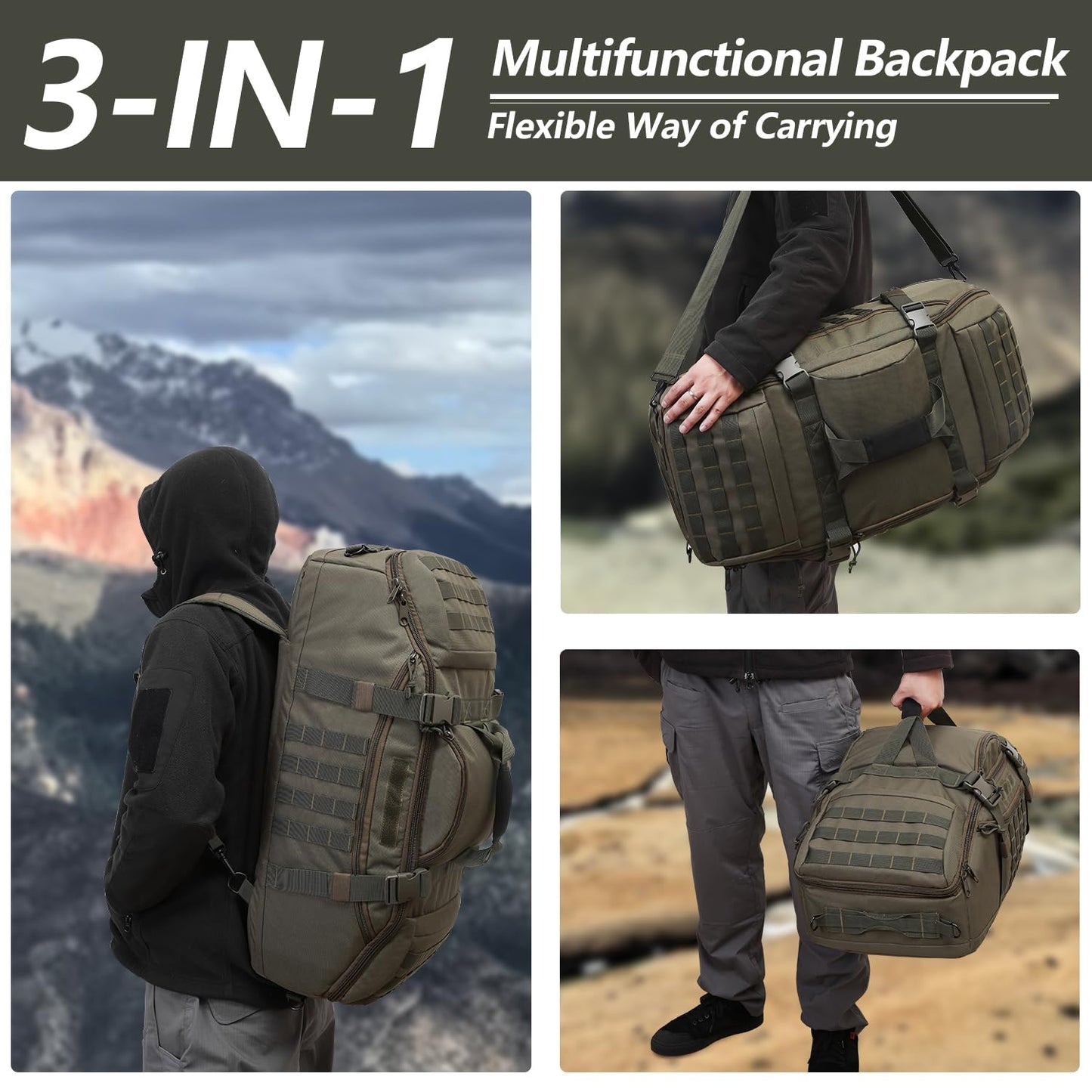 Hannibal Tactical 65L Large Duffle Bag, 3-in-1 Tactical Backpack MOLLE Pack for Sports, Gym, Outdoor, Olive Green
