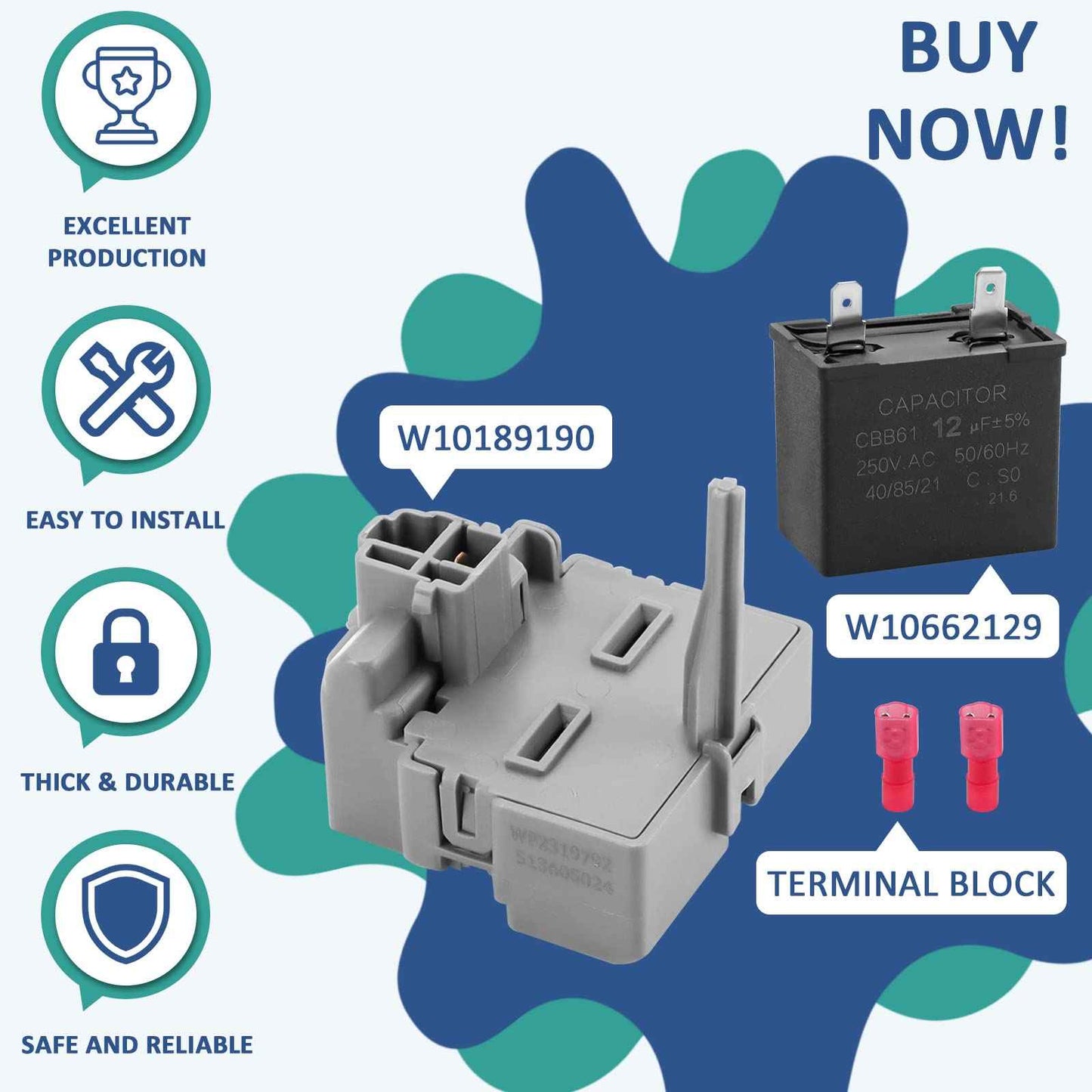 TSD2 W10189190 Relay/Overload and W10662129 Compressor Run Capacitor Compatible for Whirl-Pool Ken-More Elec-trolux by MIFLUS,2PCKS