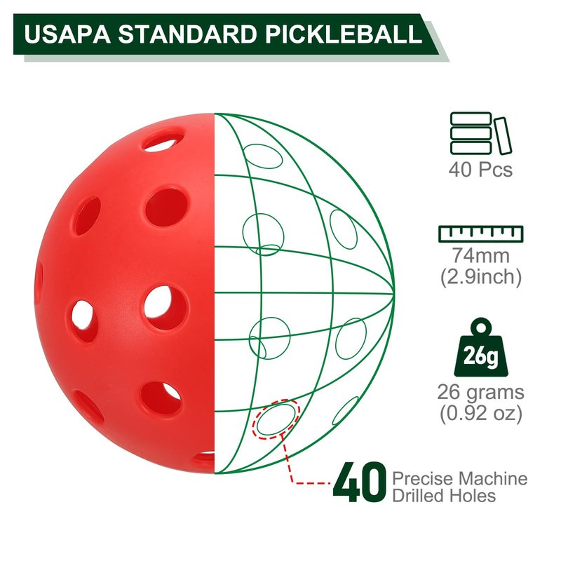 PATIKIL Outdoor Pickleball Balls 40 Holes Pickleball 40 Pack Pickleball Balls for Amateurs Indoor and Outdoor Sport, Red