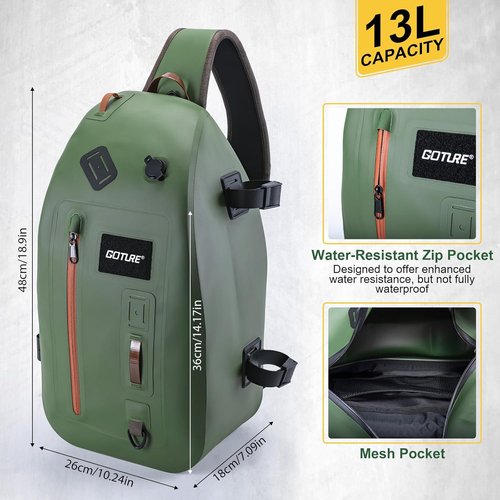 Goture Waterproof Fly Fishing Sling Pack - 13L Tackle Backpack with Rod Holder & Airtight Zipper | Ideal for Kayaking & Hiking