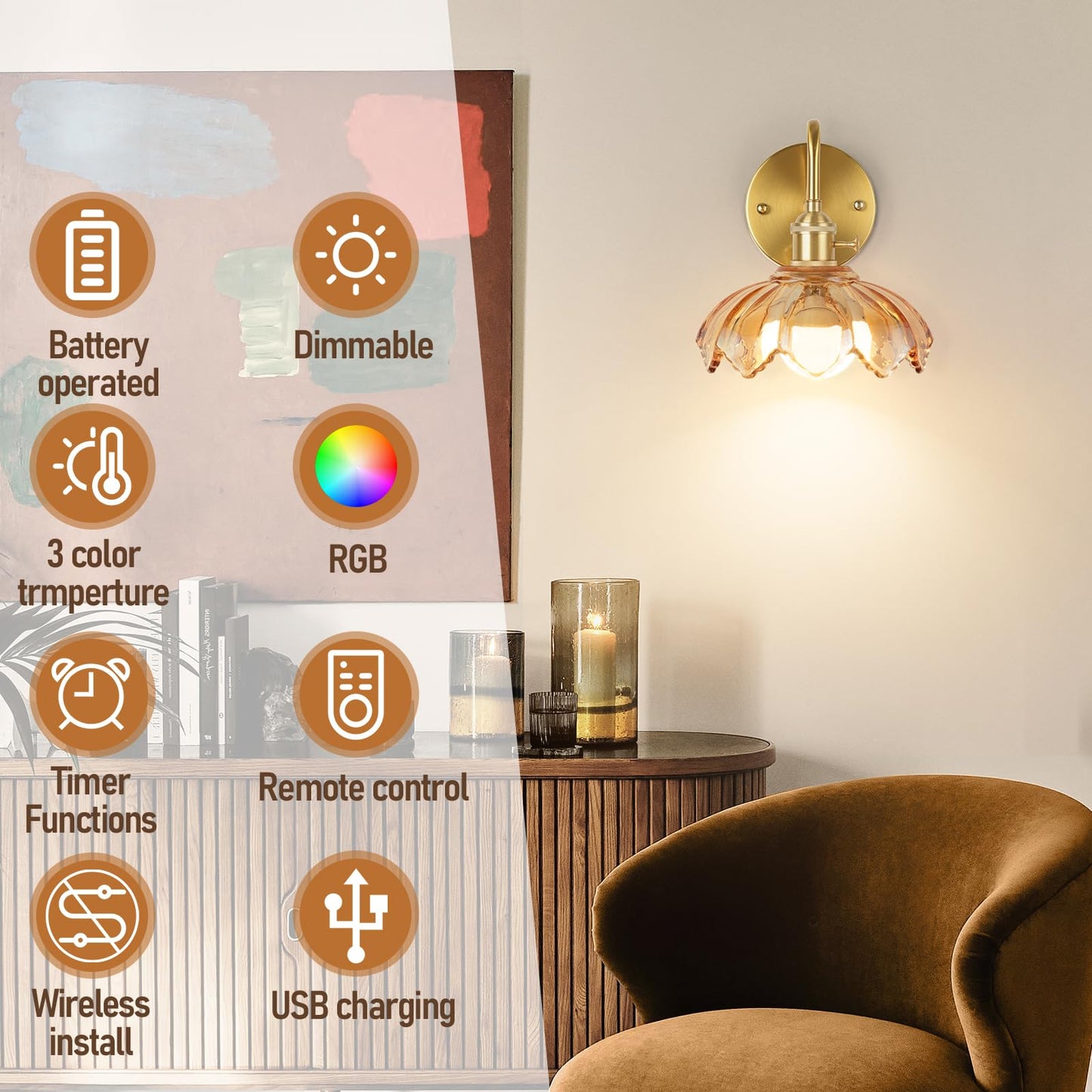 EIDEARAY Vintage Glass Sconces, Battery Operated Wall Light with Remote, Rechargeable Wall Sconces RGB, No Socket Required, Easy to Install, Vintage Wall Sconce for Bedroom, Hallway, Aisle