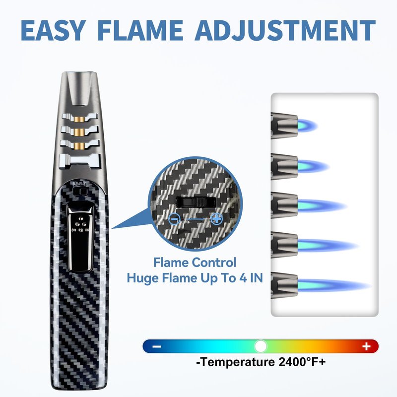 ZQMW Torch Lighter, Butane Lighter, Windproof Adjustable Big Jet Flame Butane Torch, Refillable Gas Long Torch Lighter with Safety Lock for Candle Grill Camping BBQ Kitchen Soldering, Gas Not Included