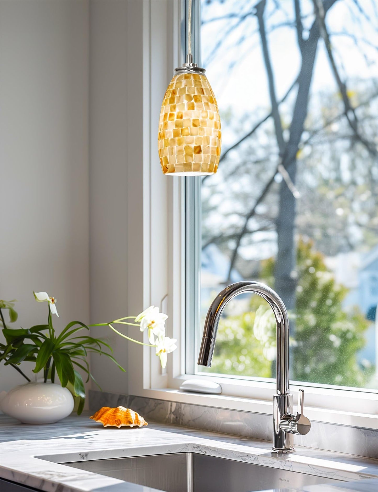 Kira Home Coast 9" Modern Oval Mini Pendant Light + Hand-Crafted Mosaic Sea Shell Glass, Brushed Nickel Finish/Neutral Color