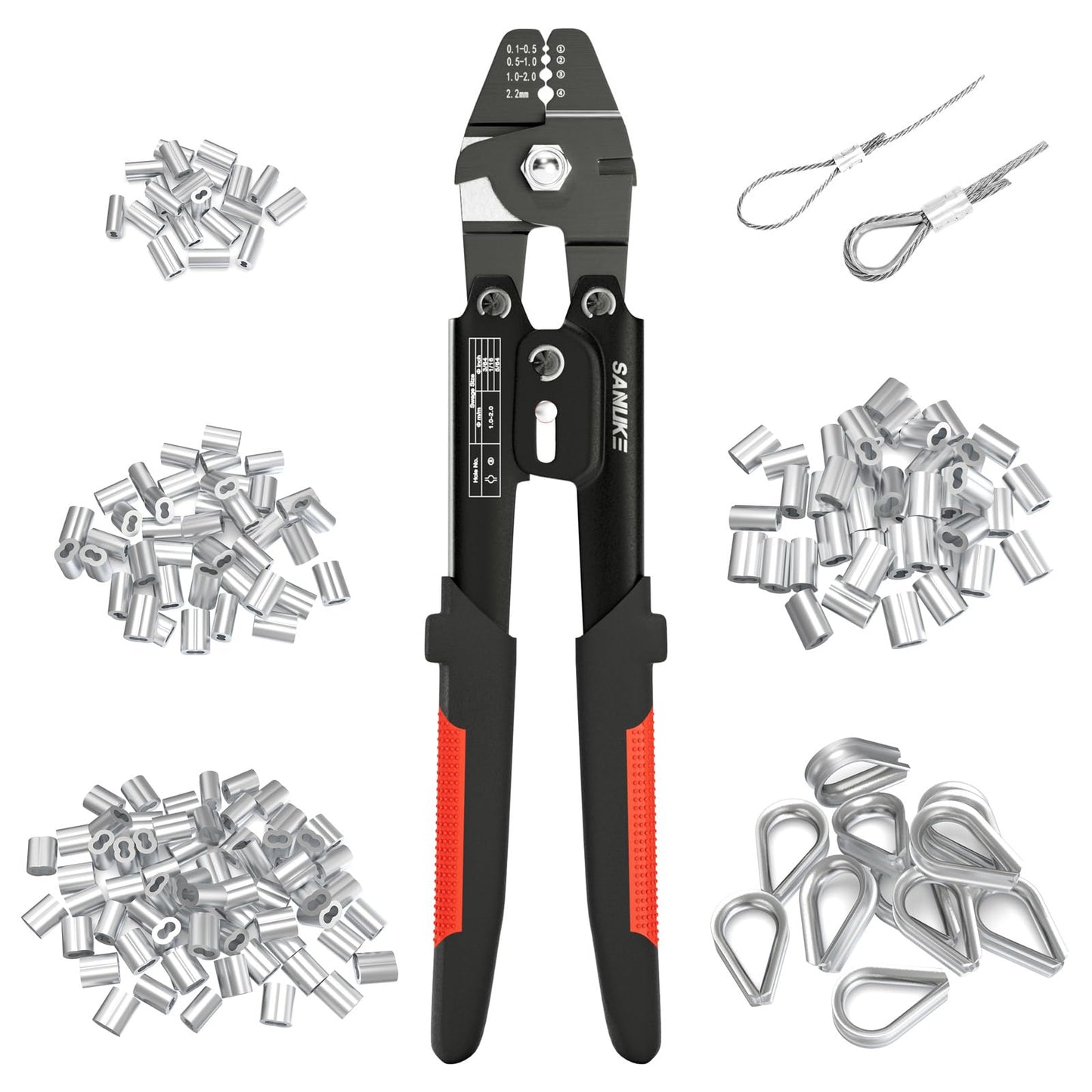 Sanuke Wire Rope Crimping Tool for 3/64 1/16 5/64 inch Aluminum Crimping Loop Sleeves Kit with 160pcs Aluminum Crimping Loop Sleeve and 10pcs Stainless Steel Thimble