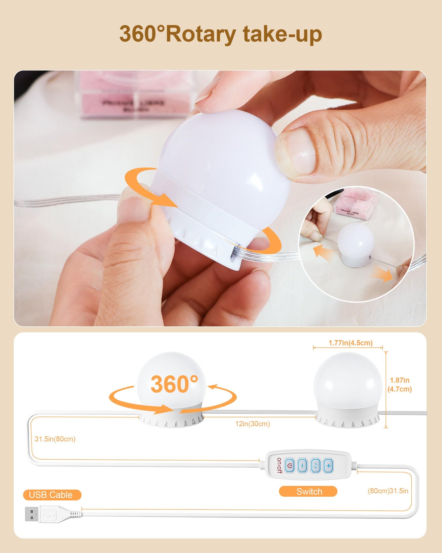 Yarnock 10 Bulbs LED Vanity Lights for Mirror, 3000K 4000K 6500K & 10-Brightness, Wire Length Adjustable, USB Cable, Hollywood Mirror Lights for Makeup Dressing Room Bathroom, White