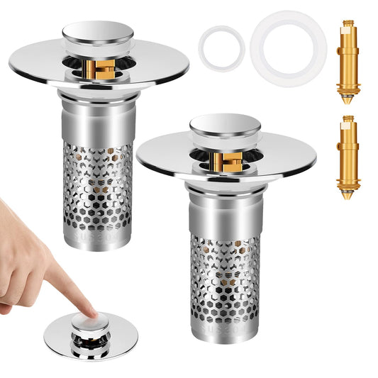Adoric Bathroom Sink Stopper 2Pack, Sink Drain for Bathroom Pop Up Stopper with Removable Stainless Steel Filter Basket Hair Catcher for Standard 1.06"-1.50" Sink Basin Hole