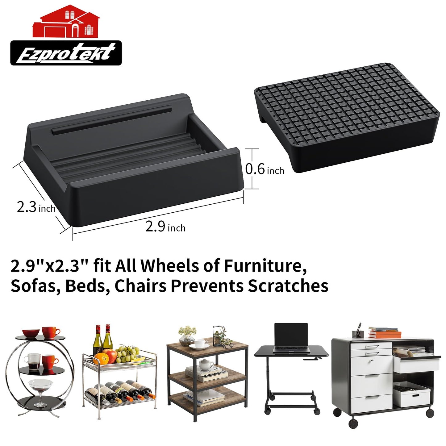 Ezprotekt 4 Pcs Non Slip Rectangle Furniture Caster Cups, 2.9" x 2.3" Silicone Non Skid Furniture Pads Coasters for Hardwoods Floors, Bed Couch Wheel Stoppers to Prevent Sliding (Black)