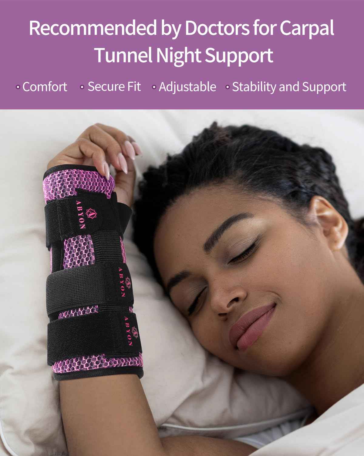 ABYON Carpal Tunnel Wrist Brace Night Support – Wrist Splint for Pain Relief, Tendonitis, Arthritis, Sprains – Lightweight, Breathable Padded Hand Brace for Men & Women,Right Hand (Large, Black/Pink)