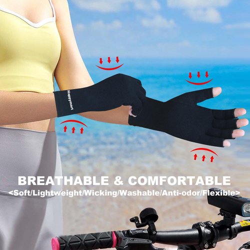 Happymart 2 Pairs Arthritis Gloves, Hand Compression Gloves for Rheumatoid, Pain Relief, Carpal Tunnel, Swelling, Joint Support, Driving Fingerless Gloves for Women Men (Black + Pink, Medium)