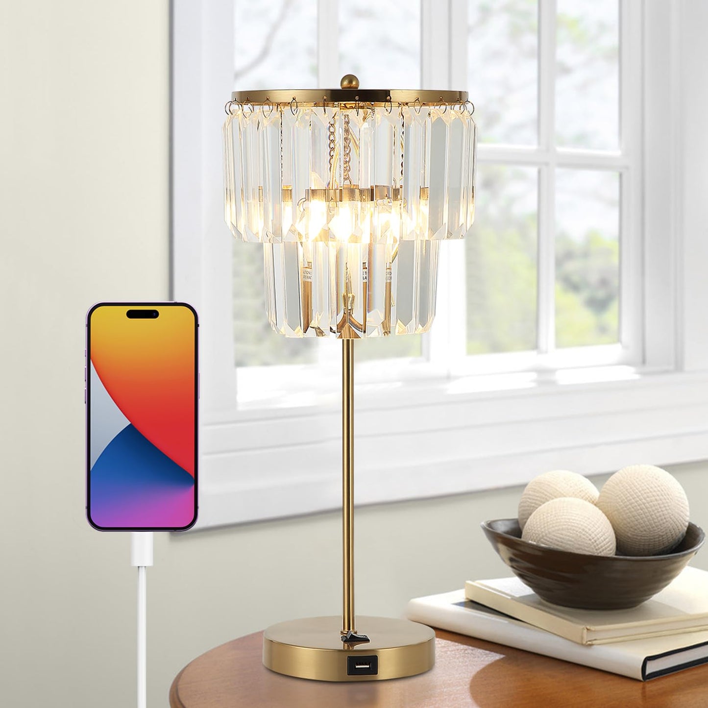 Bedside Lamp for Bedroom, Gold Crystal Table Lamp 18 Inches, Tiffany Clear Crystal Drops, USB Charging Port, E12 Socket, 6W LED Bulb Included, Golden Decorative Desk Light(1 Pack, Brass Finish)