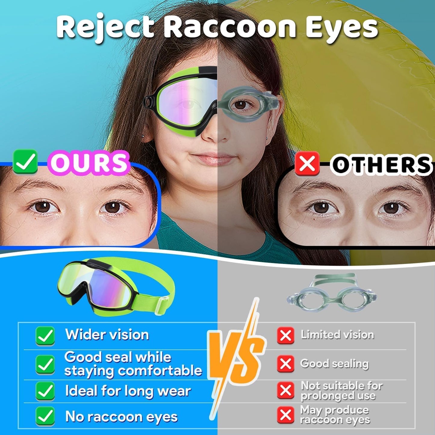 Vvinca Kids Swim Goggles - Wide View Anti-Fog & UV Protection | Comfortable Fabric Strap for Ages 3-14