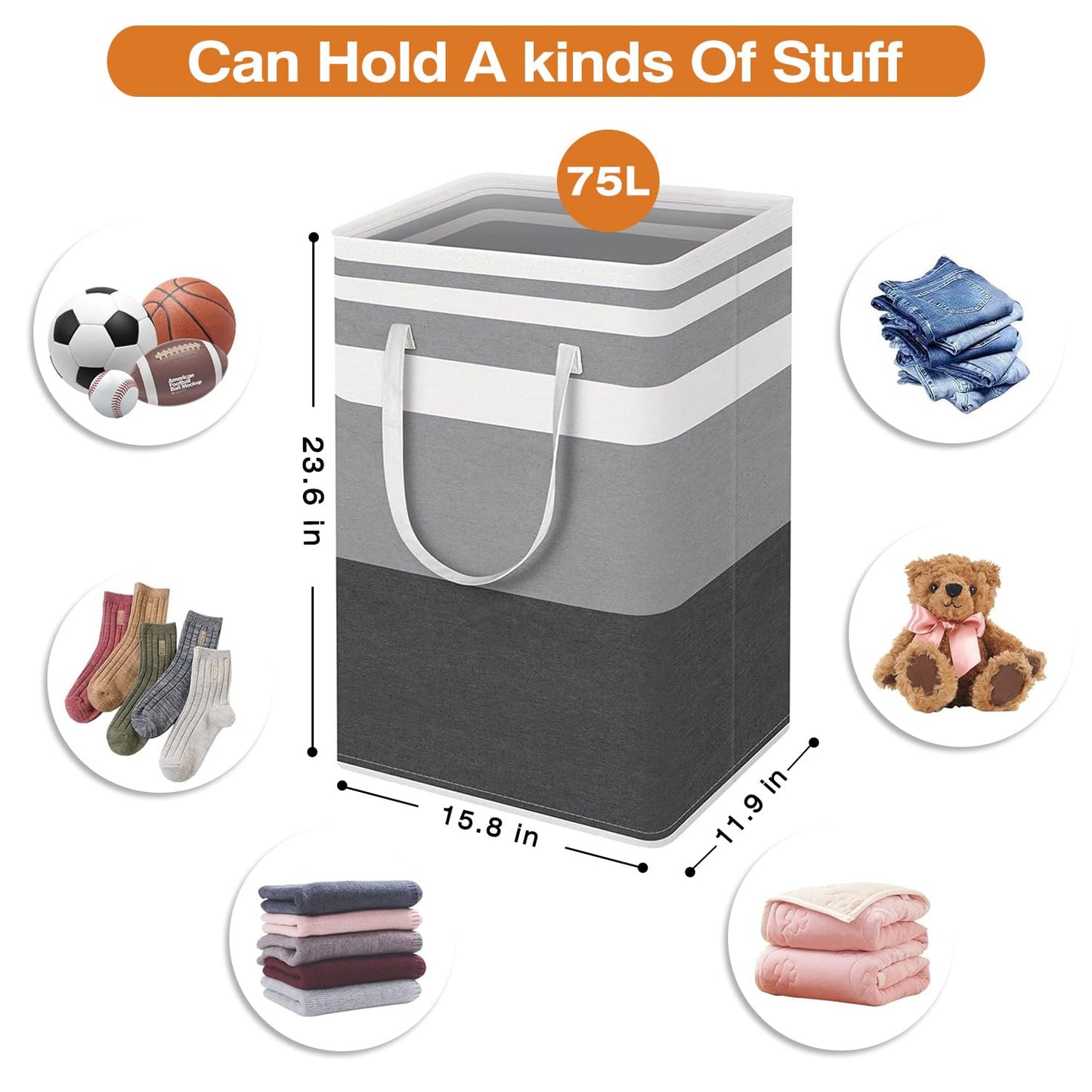 TINGHONG 1-Pack Large Collapsible Laundry Baskets - 75L Freestanding Waterproof Hampers with Reinforced Handles for Clothes, Toys, and More - Ideal for Dorms and Family Use (Gradient Grey)