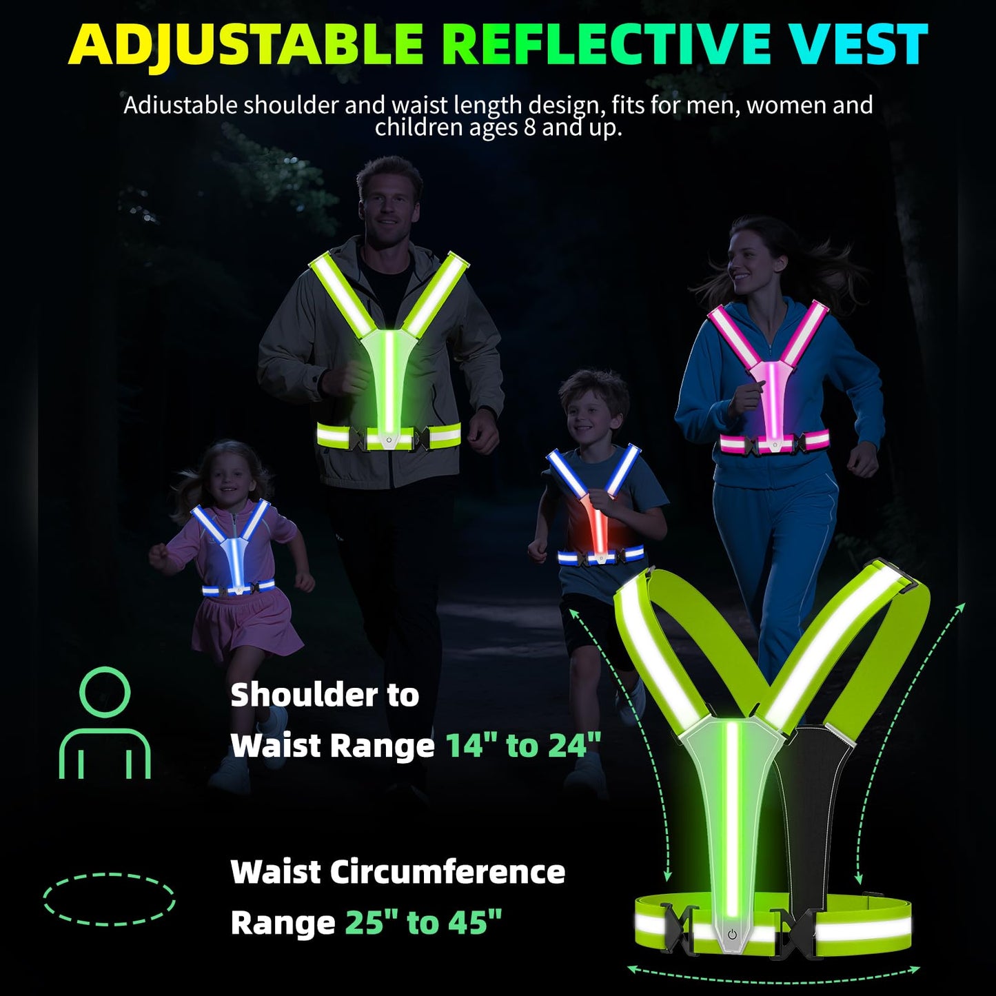 ConKrian LED Reflective Vest Running Gear, 5 Lights Colors, 3 Modes, Adjustable for Running, Cycling, Walking - Led Running Vest for Men, Women, Kids(Blue)