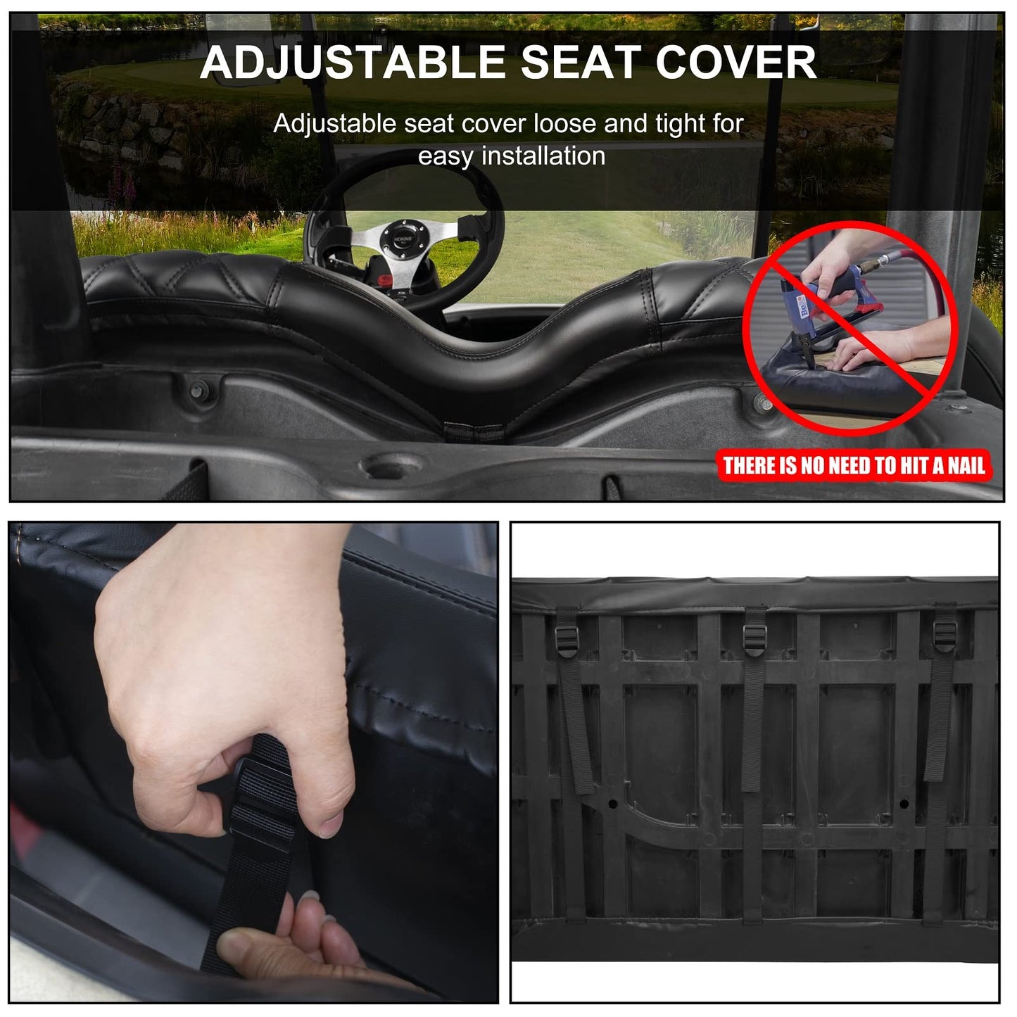 NOKINS Golf Cart Diamond Seat Covers Kit, Fit for Club Car Precedent OEM Standard Front Seat Cushion, Golf Cart Vinyl Seat Cover, No Nails Required (Black and Brown Stitching)