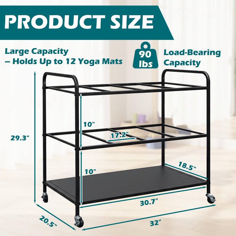 VERSSURE Yoga Mat Storage Basket,Yoga Mat Rack with Lockable Wheels,Holds up to 90lbs Gym Equipment Organizer Holder for Dumbbells, Kettlebells and Foam Rollers (Black)