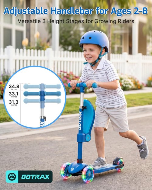 Gotrax KS3 Kids Kick Scooter - LED Lighted Wheels, Adjustable Height, Removable Seat | For Ages 2-8, Up to 110 Lbs