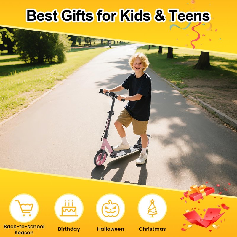 SIMATE Kick Scooter for Kids Teens & Adults, 4 Adjustable Heights, 8IN All Terrain Big Wheels, Dual Brakes & Dual Suspension, Foldable and Lightweight, Gifts for Girls Boys