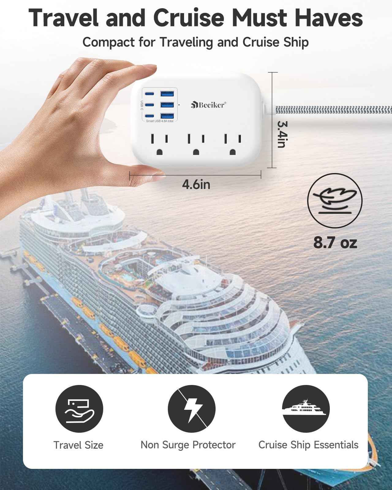 6 USB(3 USB C) Power Strip- Travel Power Strip with 6 USB Desktop Charging Station 24W/4.8A and 3 Outlets, 5Ft Flat Plug Braided Extension Cord, Non Surge Protector for Cruise Ship Travel Office Dorm