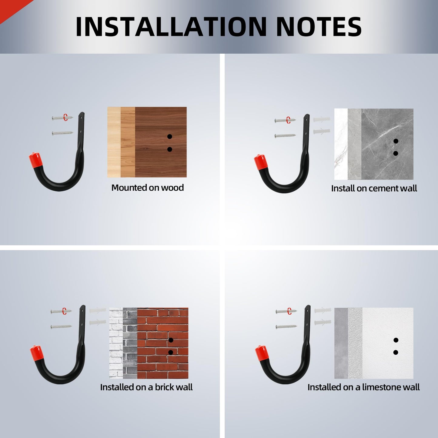 YOUNITA Heavy Duty Garage Wall Hooks for Hanging, 6Pcs Storage Hooks, 3.8inch Hanging Hook for Garage Storage and Organization,Wall Mount Utility J Hook with Wall Anchors and Screws (6, 3.8inch)