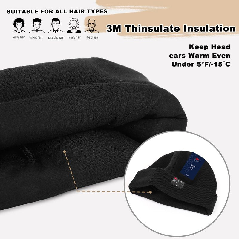 MOREOK Knit Cuffed Beanie Hats for Men Women-3M Thinsulate Winter Snow Ski Warm Skull Hat Cap with Fleece Liner -Black（Small-Large）