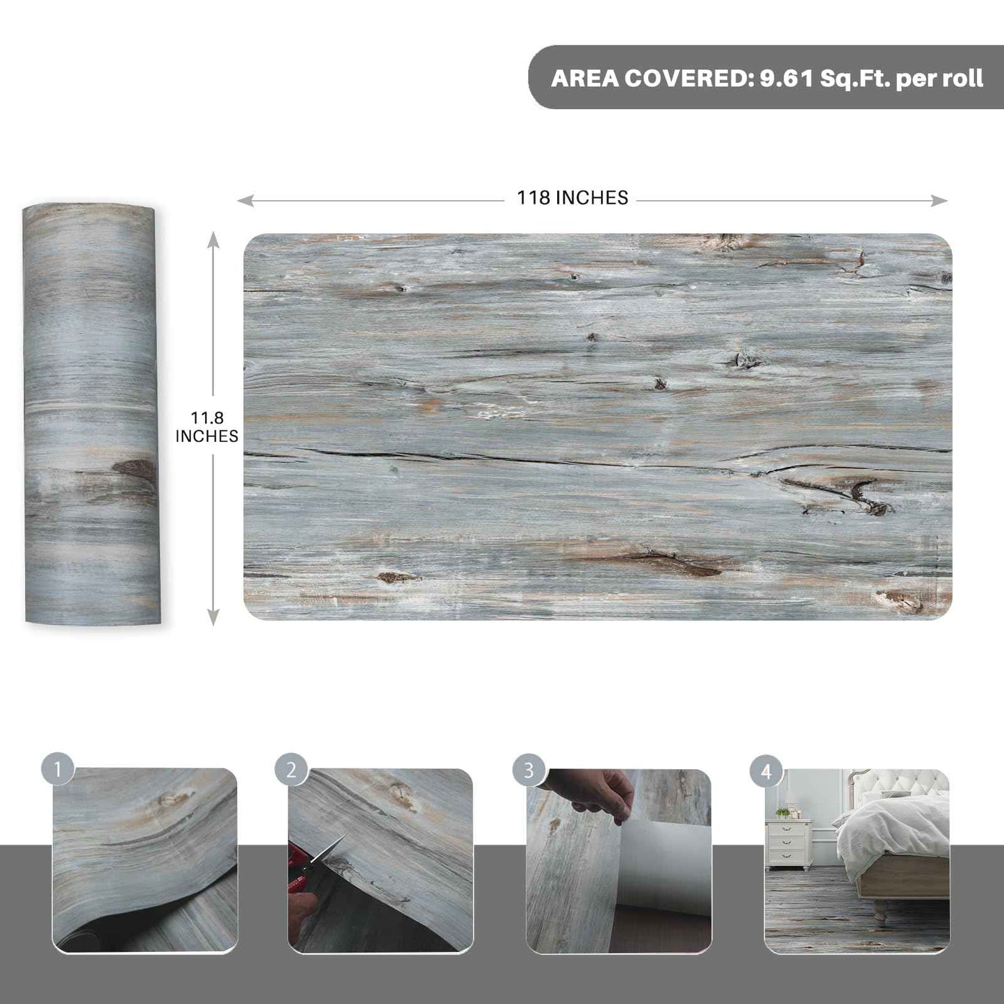 auxua Wood Grain Peel and Stick Floor Tiles – 11.8” Width, Full Roll Length of 118" – Versatile Design for Any Space, Sunwashed Blue Self Adhesive Vinyl Flooring, Waterproof and Non-Slip Features