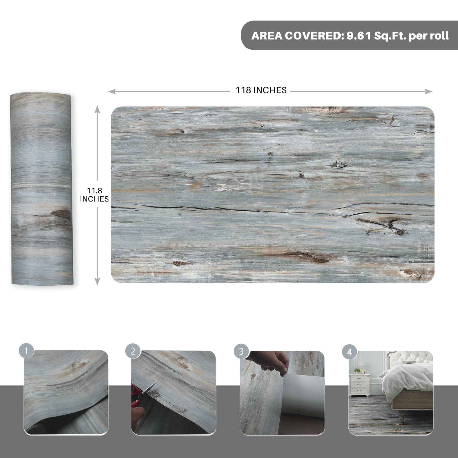 auxua Wood Grain Peel and Stick Floor Tiles – 11.8” Width, Full Roll Length of 118" – Versatile Design for Any Space, Sunwashed Blue Self Adhesive Vinyl Flooring, Waterproof and Non-Slip Features