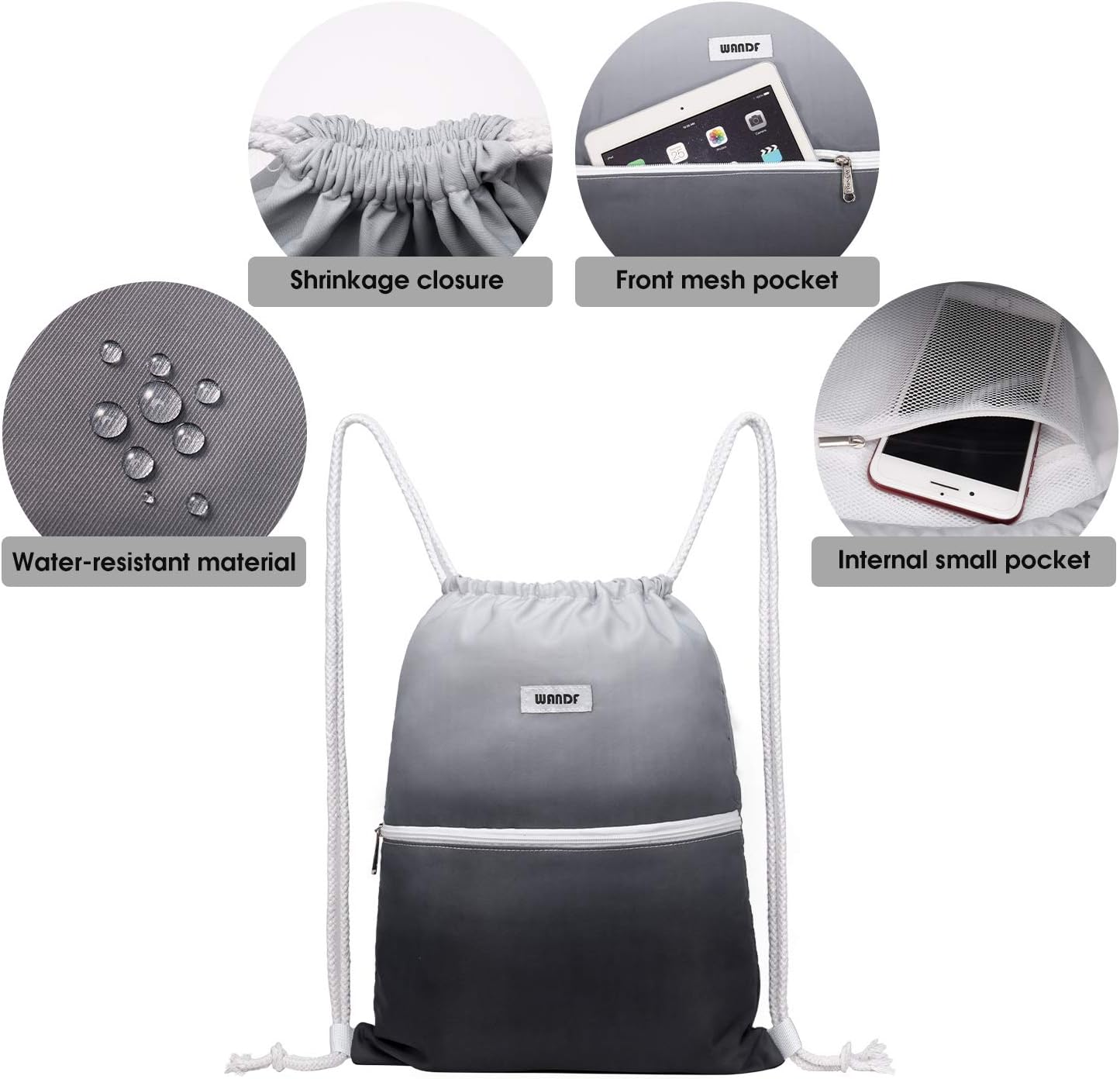 WANDF Drawstring Backpack - Water Resistant Nylon Sackpack for Gym, Shopping & Yoga | Grey