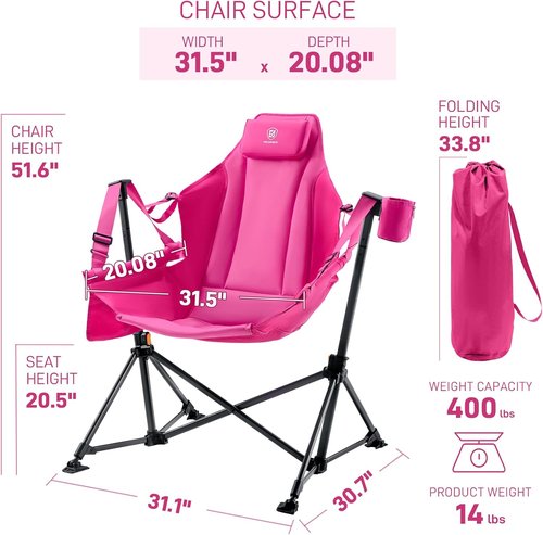 Ever Advanced Padded Oversized Camping Chair - Heavy Duty Portable Rocking Chair with Multi-Storage Pockets | Supports Up to 400lbs, Pink
