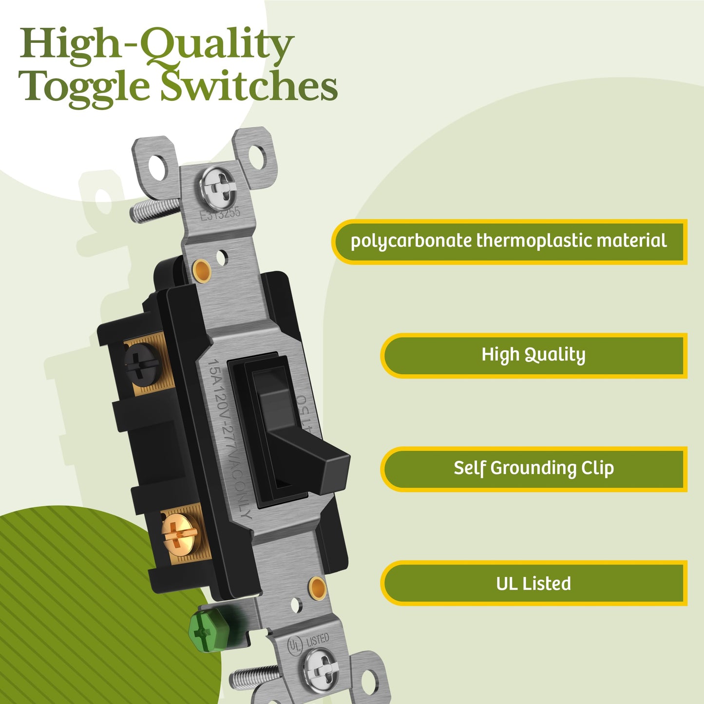 TG 4-Way Toggle Light Switch, Four Way Electrical Wall Switch, 15 Amp, 120V-277V AC, Grounding Screw, Residential Grade, UL Listed, LS-T415-BK, Black (1 Pack)