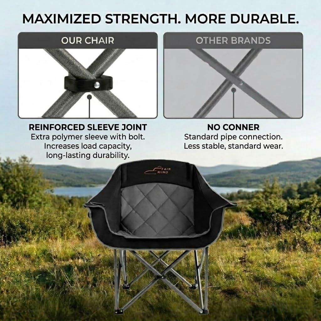 FAIR WIND Oversized Padded Camping Chair Heavy Duty Quad Fold Arm Chair Portable for Outdoor - Support 500LBS, Black