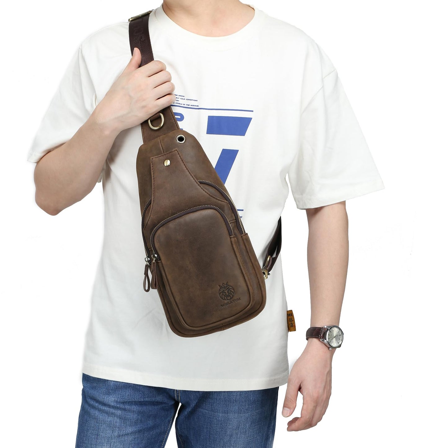 SCHLATUM Mens Sling Bag Genuine Leather Crossbody Bags for Men Small Sling Chest Backpack Casual Man Bag Hiking Outdoor, Coffee