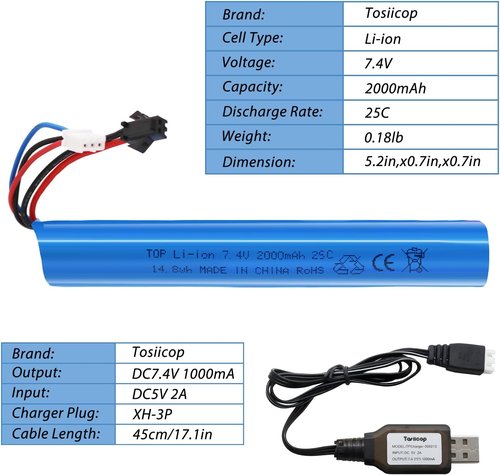 Airsoft Gel Blaster Battery - 7.4V 2000mAh LiPo Rechargeable for SRB400, SRB1200, MP5K, M4