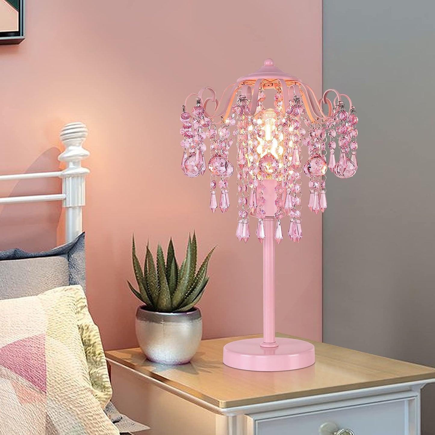 MEIXISUE Small Pink Crystal Bedside Table Lamp End Table Lamp Nightstand Lamp for Bedroom Living Room Office H20.4'' W11.81'' 1-Light E26