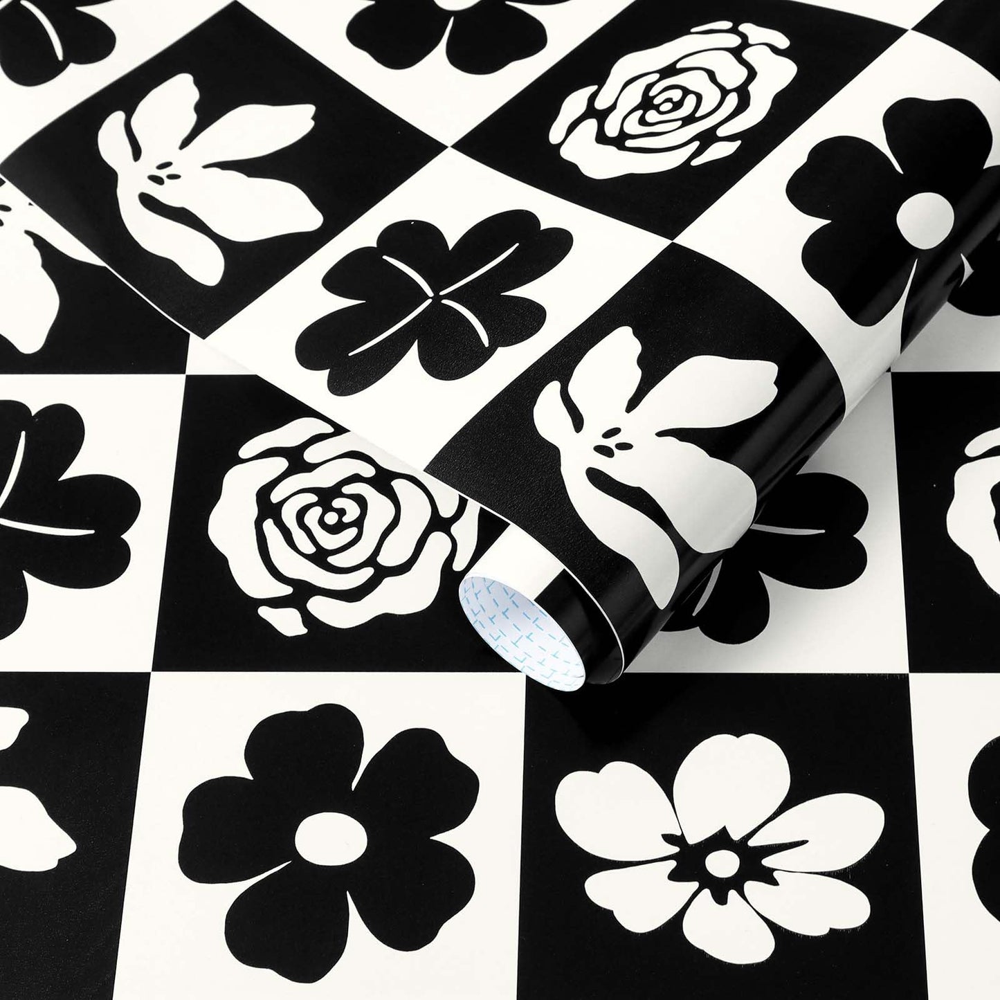 Ismoon Black and White Wallpaper Modern Peel and Stick Wallpaper Checkerboard Plaid Contact Paper Floral Geometric Stick on Wall Paper Removable Self Adhesive Vinyl Roll for Bedroom, 17.3inx9.8ft