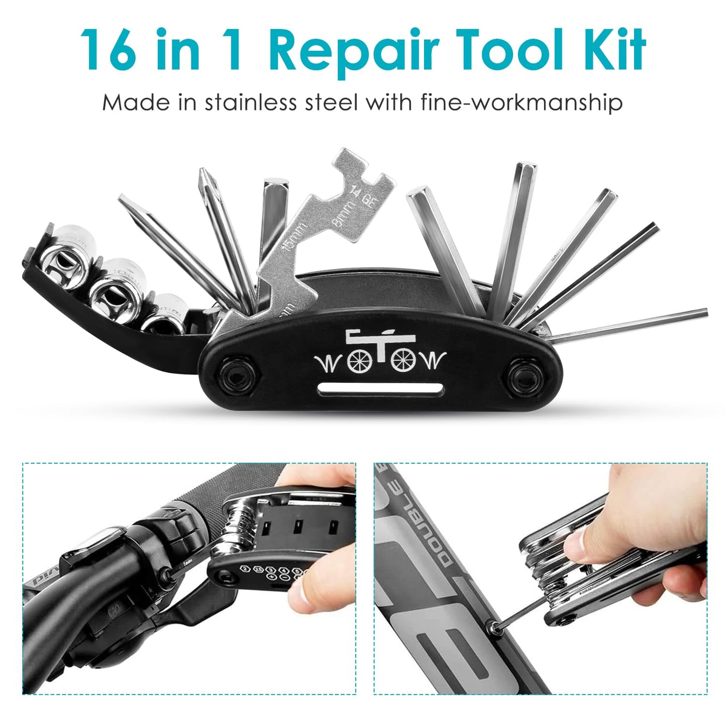 WOTOW Bike Tire Repair Kits, Waterproof Bicycle Saddle Bag & 120 Psi Mini Pump & 16 in 1 Multifunctional Bike Tyre Lever & Self Adhesive Patch Portable Repair Cycling Tool Set for Riding Mountain BMX