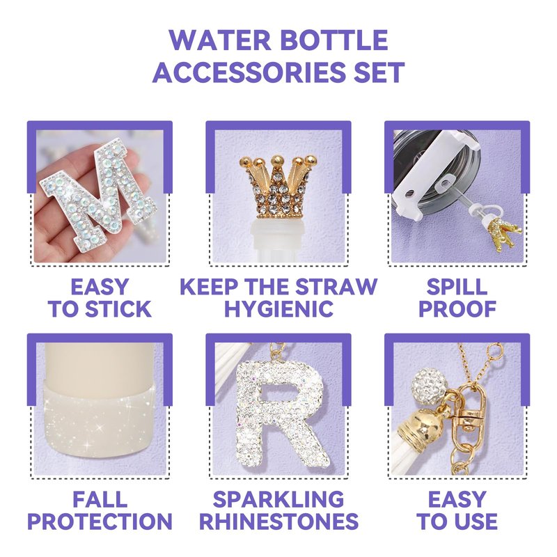 Rabrgab 6Pcs Stanley Cup Accessories Set - Giltter Letter Charm for Cup Handle, Silicone Straw Cover, Diamond Letter Sticker, Sparkly Silicone Boot, Spill Proof Stopper for Tumbler 40Oz 30Oz J